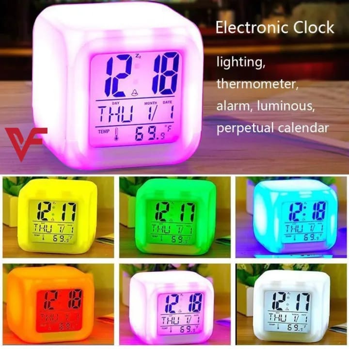 7-Color LED Digital Table Clock – Big Display with Alarm, Temperature & Calendar